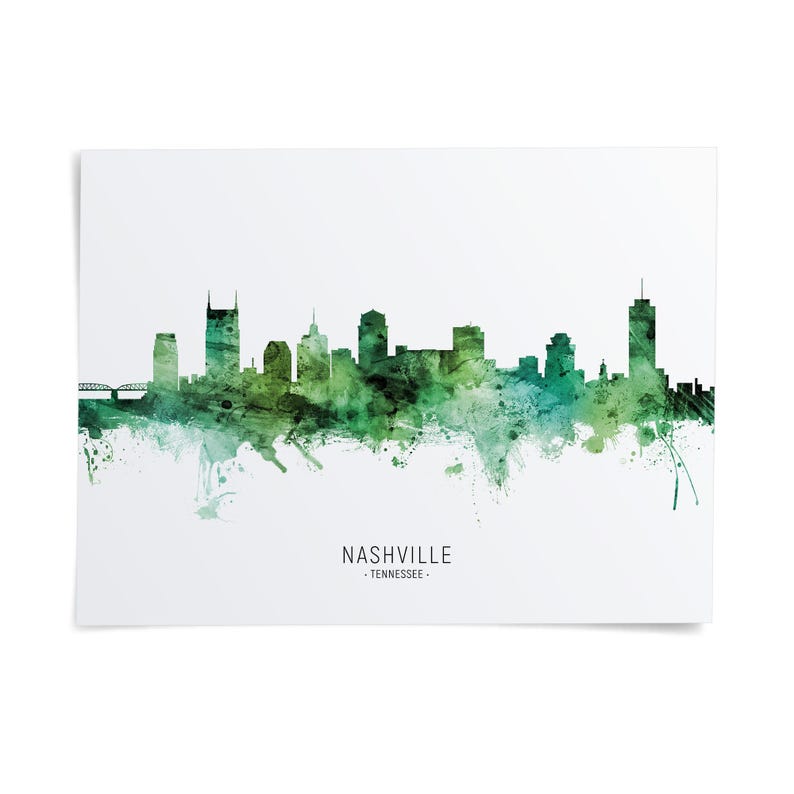 A watercolor-style illustration of the Nashville skyline, with the city's buildings depicted in a greenish-blue color.
