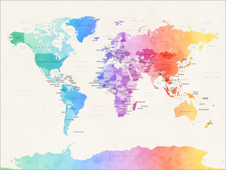 political map of the world map art print 18x24up to 24x36 etsy
