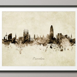 Barcelona Skyline Hiszpania, Plakat artystyczny z pejzażem miejskim, sepia vintage (8946)