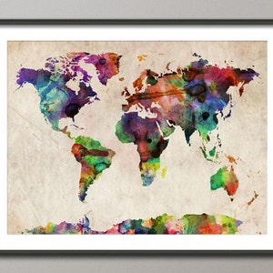 Watercolor Map of the World Map, Art Print, 11x14 up to 18x24 inch 749 image 1