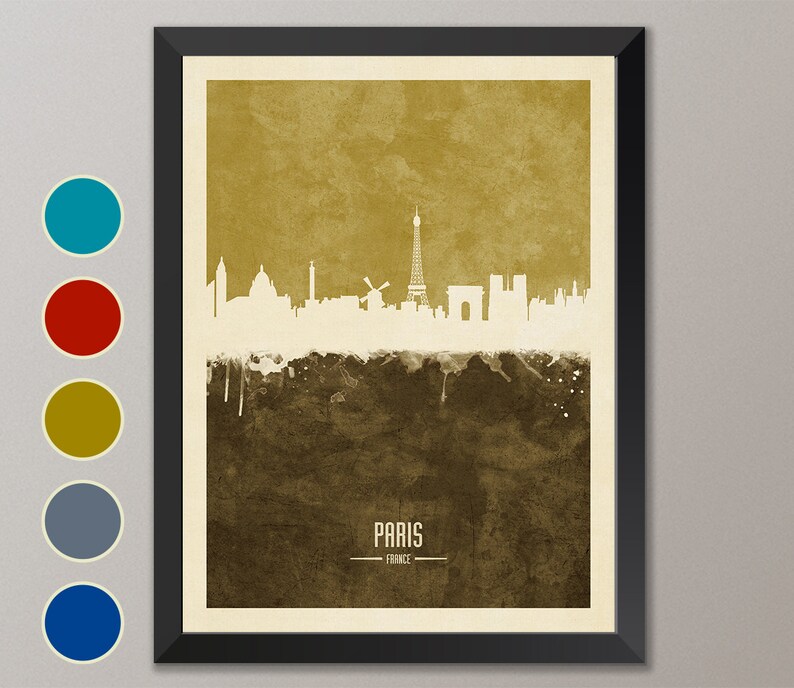 May include: A watercolor-style illustration of the Paris skyline in white against a brown and gold background. The Eiffel Tower is the most prominent feature, with other landmarks like the Arc de Triomphe and Notre Dame Cathedral visible. The text "PARIS - FRANCE" is at the bottom of the image.