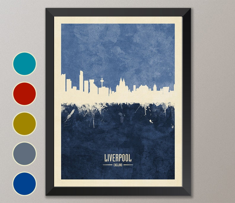 May include: A blue and white watercolor cityscape print of Liverpool, England. The skyline is white against a blue background with white paint splatters.