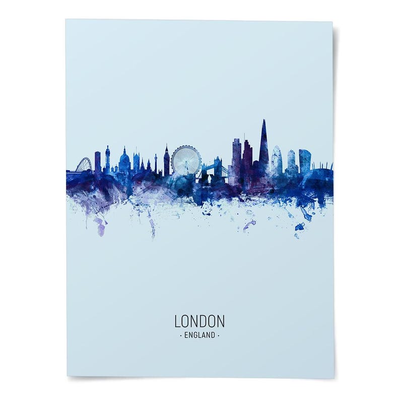 a poster with a skyline of london in blue watercolor