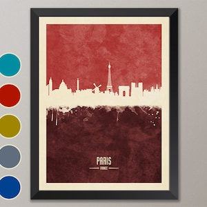 May include: A red and brown watercolor cityscape of Paris, France. The Eiffel Tower is the tallest building in the skyline. The city name is written in white at the bottom of the image.