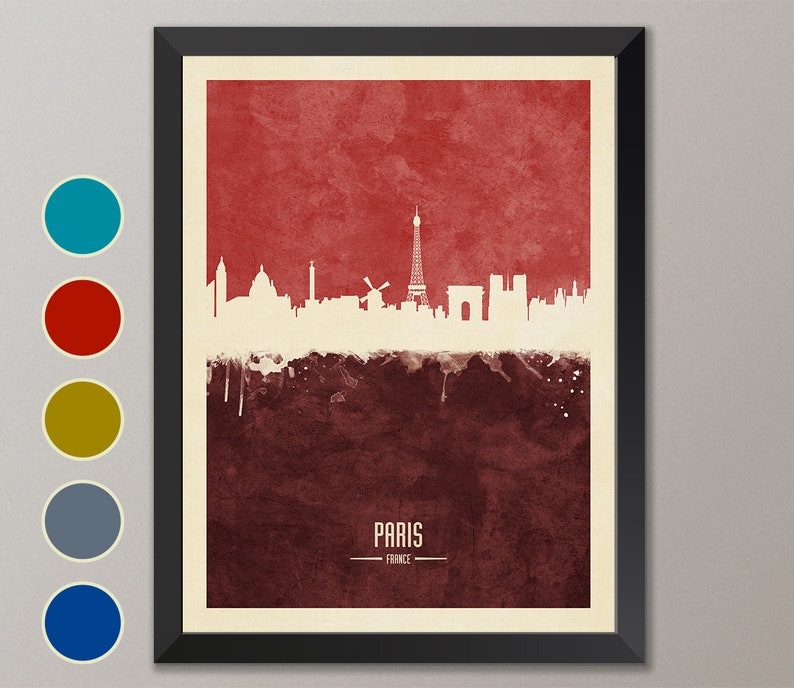 May include: A red and brown watercolor cityscape of Paris, France. The Eiffel Tower is the tallest building in the skyline. The city name is written in white at the bottom of the image.