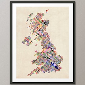 Tekstkaart Britse stad Groot-Brittannië, kunstafdruk (300)