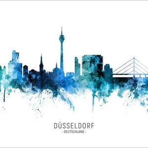 Düsseldorf Skyline Deutschland, Cityscape Art Poster Print Blue Red Green 20692 BLUE with city name