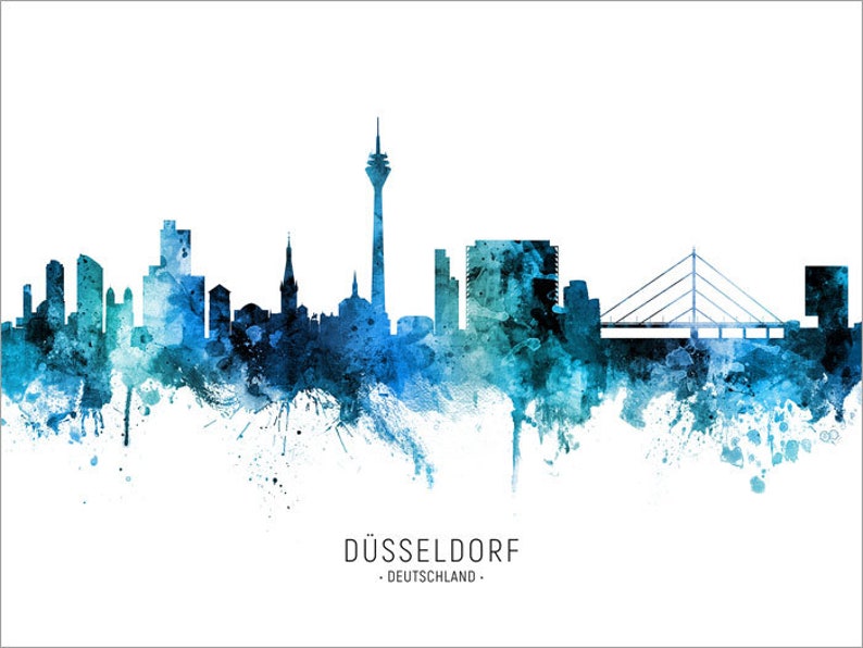 Düsseldorf Skyline Deutschland, Cityscape Art Poster Print Blue Red Green 20692 BLUE with city name