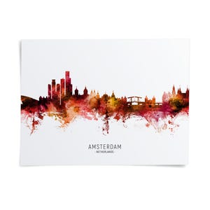 The image is a watercolor painting of the skyline of Amsterdam, Netherlands, featuring the city's iconic landmarks and architecture in a vibrant, colorful style.