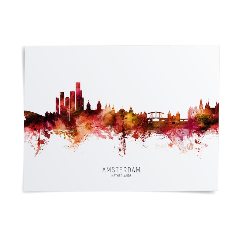 The image is a watercolor painting of the skyline of Amsterdam, Netherlands, featuring the city's iconic landmarks and architecture in a vibrant, colorful style.