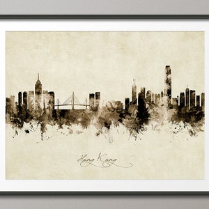 Hong Kong Skyline China, Stadtansicht Kunstdruck Poster Vintage Sepia (8964)