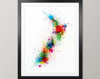 New Zealand Map, Abstract Paint Splashes Art Print Poster, Portrait - SP (769)
