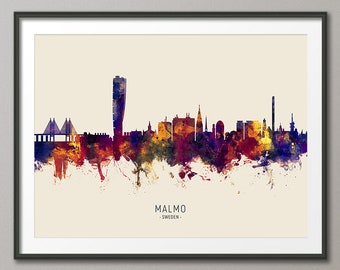 Malmo Skyline Sweden, Cityscape Painting Art Print Poster LS (15181)