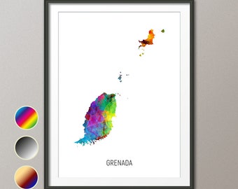 Grenada Map, Watercolour Art Print Poster, Colour, Black White, Beige (10839)