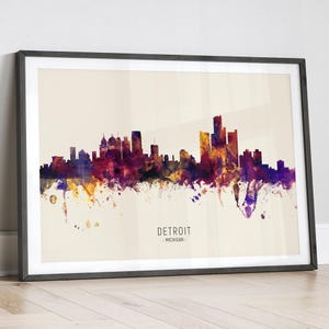 Detroit Skyline Michigan, Cityscape Painting Art Print Poster LX (15035)