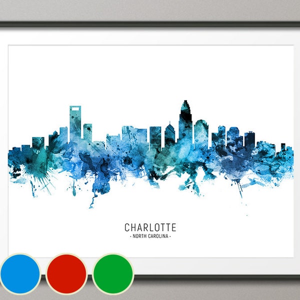 Charlotte Skyline North Carolina, Cityscape Art Poster Print Blue Red Green (20591)