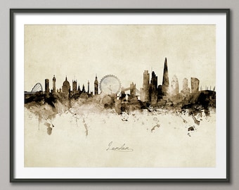 London Skyline England, Cityscape Art Print Poster Vintage Sepia (8942)