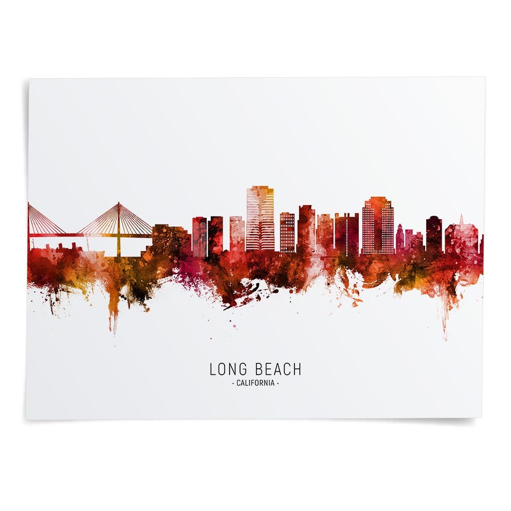 Long Beach Skyline California, Cityscape Painting Art Print Poster CX ...