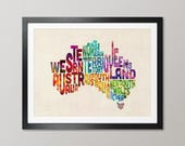 Australia Typography Map, Australian States and Territories Text Map of, Art Print Poster - (893)