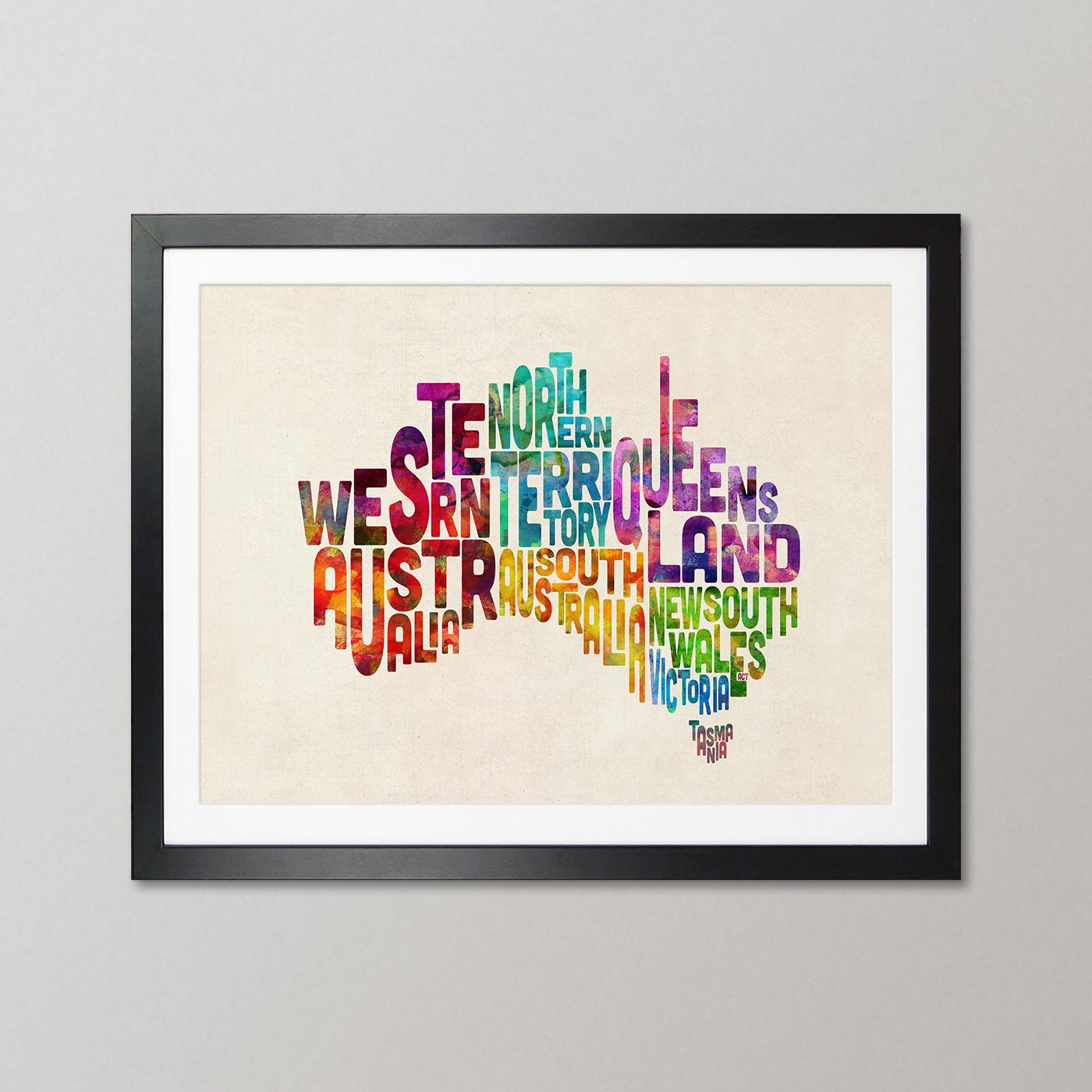 Australia Typography Map, Australian States and Territories Text Map Of ...