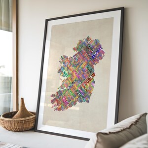 a large framed collage of colorful words that spell out the word "DUBLIN", creating a visually striking and creative representation of the city.