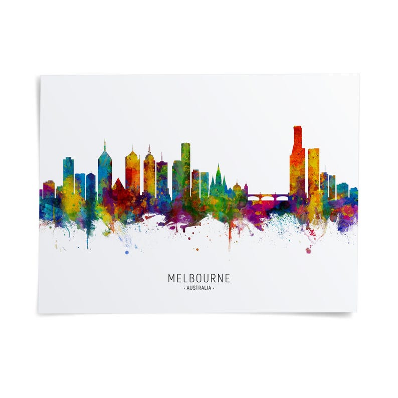 The image is a colorful watercolor illustration of the Melbourne skyline, depicting the city's iconic buildings and landmarks in a vibrant, abstract style.