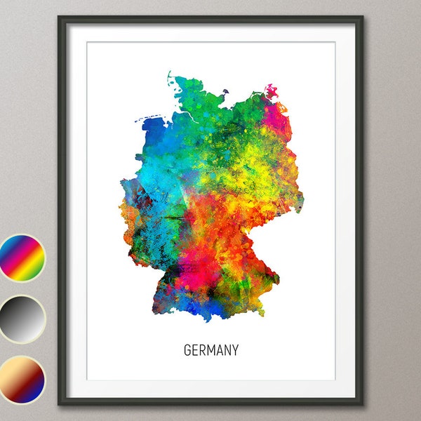 Mapa de Alemania, Cartel de impresión de arte de acuarela, color, blanco negro, beige (10836)