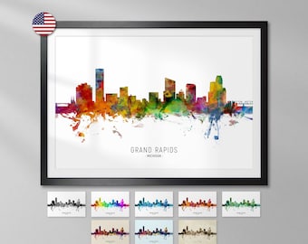Grand Rapids Skyline Michigan, Cityscape Art Print Poster YX (6638)