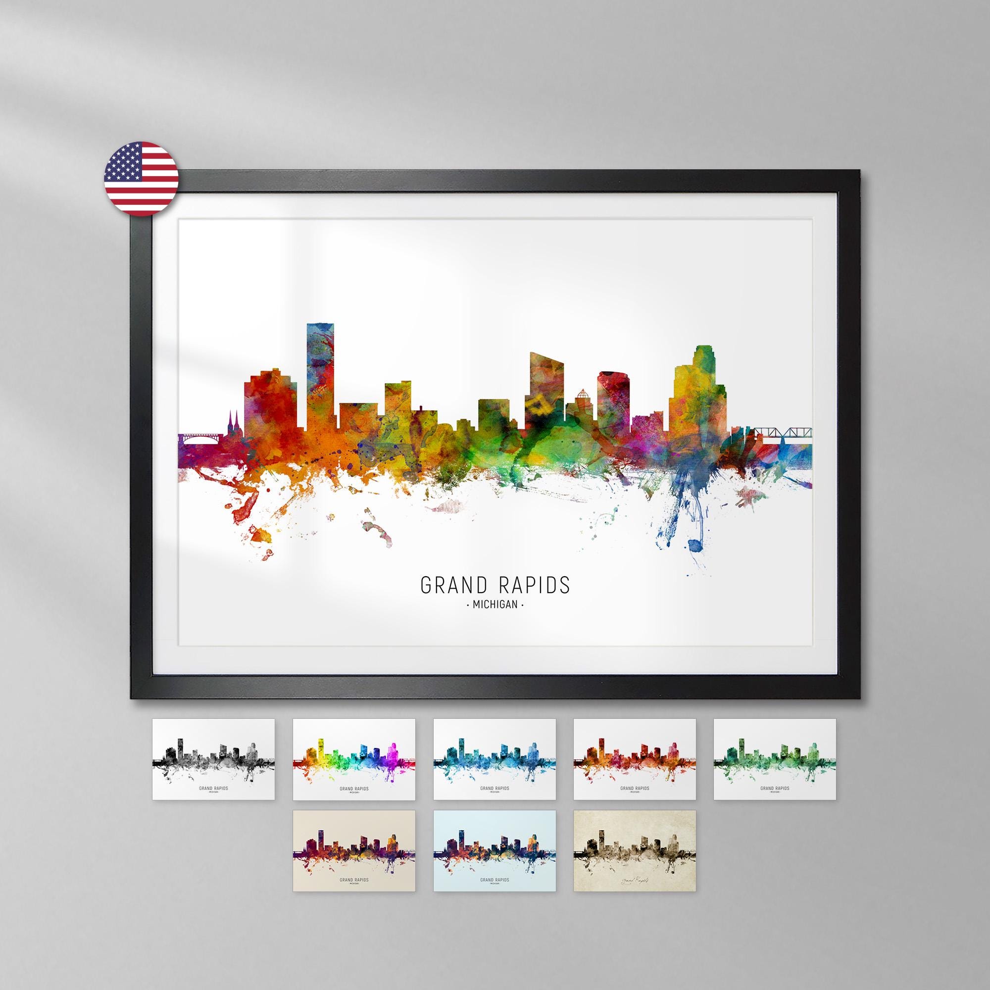 Grand Rapids Skyline Michigan, Cityscape Art Print Poster YX (6638