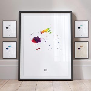 Fiji Map, Watercolour Painting Art Print Poster MX (10830)