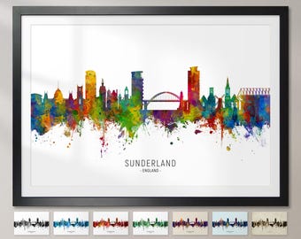 May include: A watercolor painting of the Sunderland skyline, England. The cityscape is depicted in a colorful, abstract style with splashes of paint.