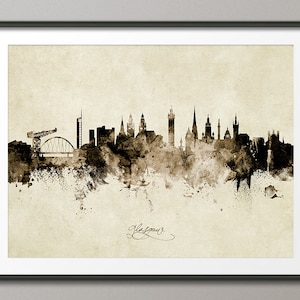 Skyline de Glasgow, Écosse, poster impression d'art paysage urbain sépia (8961)