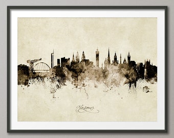 Pode incluir: Uma ilustração de aquarela em preto e branco do horizonte de Glasgow. A imagem apresenta os marcos mais icônicos da cidade, incluindo o Centro de Ciências de Glasgow, a grua de Finnieston e a Catedral de Glasgow. O horizonte está sobre um fundo marrom claro, com um efeito sutil de aquarela.