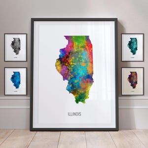 Mappa dell'Illinois, stampa artistica con acquerello dello stato degli Stati Uniti, poster MX (30979)