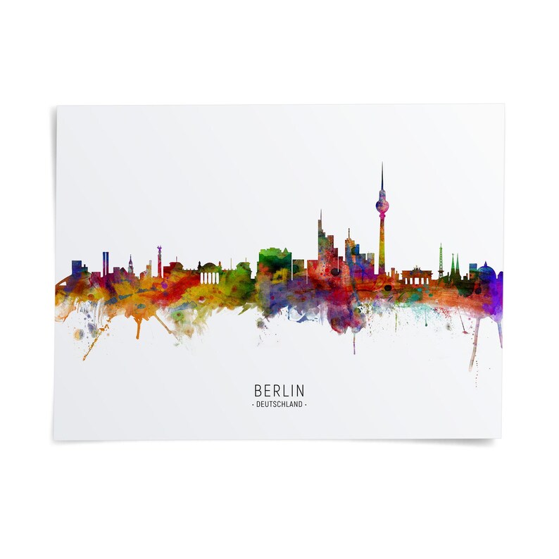 The image is a colorful watercolor illustration of the Berlin skyline, depicting the city's iconic landmarks and architecture in a vibrant, abstract style.