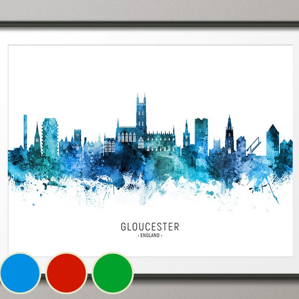 Gloucester Skyline England, Cityscape Art Poster Print Blue Red Green (20736)