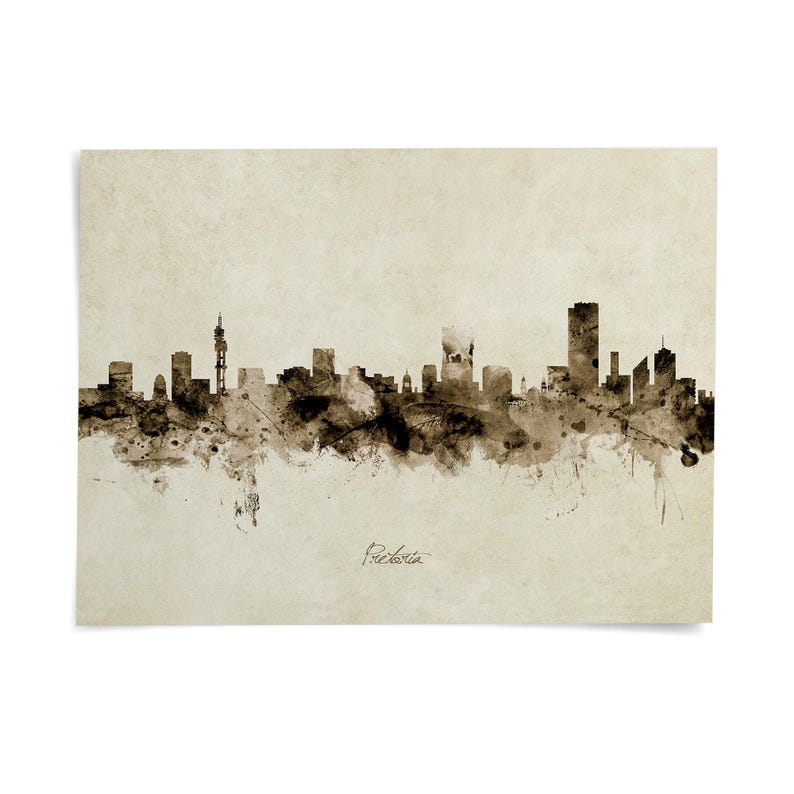 A black and white watercolor-style illustration depicting the skyline of a city, with various buildings and structures depicted in a loose, abstract manner.