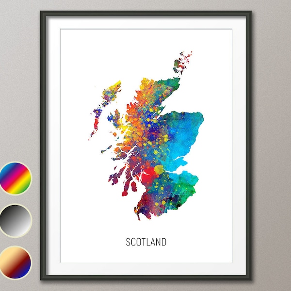 Scotland Map, Aquarelle Art Print Poster, Couleur, Noir Blanc, Beige (10929)