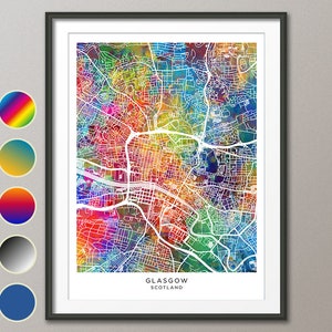 Mapa de Glasgow, mapa de la ciudad de Escocia, póster impreso en acuarela (31686)