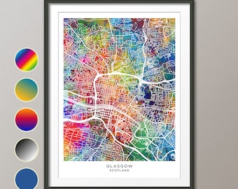 Glasgow Map, Scotland City Map, Watercolour Art Print Poster (31686)