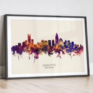 Charlotte Skyline North Carolina, Cityscape Painting Art Print Poster LX (15084)