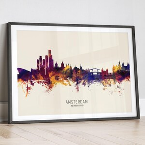 Skyline d'Amsterdam, Pays-Bas, affiche d'impression d'art peinture paysage urbain LX (19806)