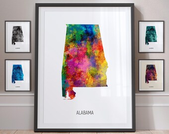 Alabama Map, US State Watercolour Painting Art Print Poster, Portrait - MX (30969)