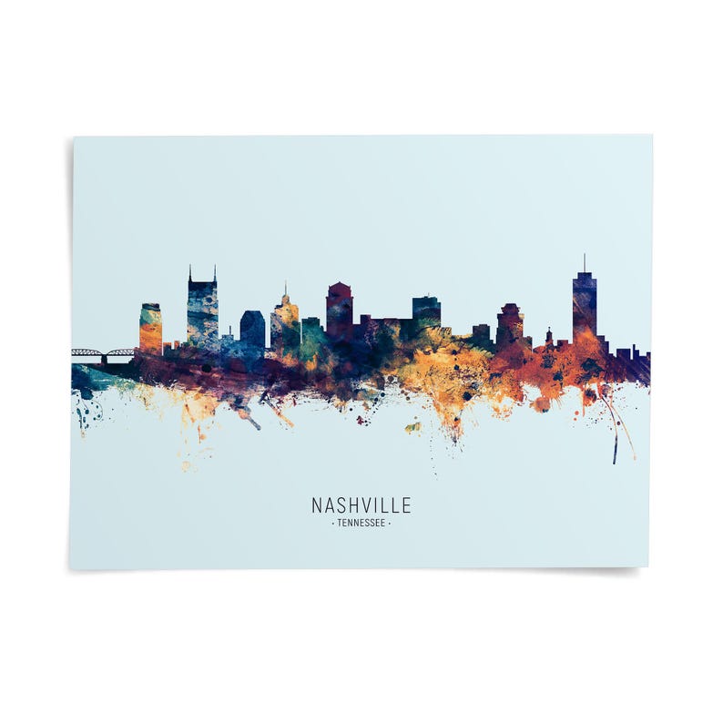 A colorful, abstract representation of the Nashville skyline, with the city's iconic buildings and landmarks depicted in a stylized, artistic manner.