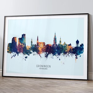 Groningen Skyline Nederland, Stadsgezicht Schilderij Art Print Poster HX (12165)
