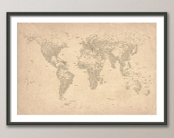 City Text Map of the World Map, Art Print, 24x36 inch (162)