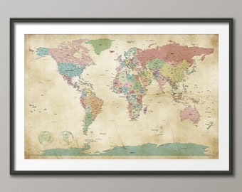 Political Map of the World Map Old Style, Art Print, 24x36 inch (946)