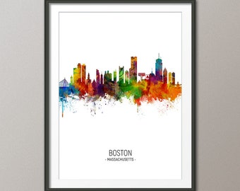 Boston Skyline Art Print Boston Watercolor Print Boston Cityscape Poster Illustration Boston Painting Home Decor Wall Art Gift No.227