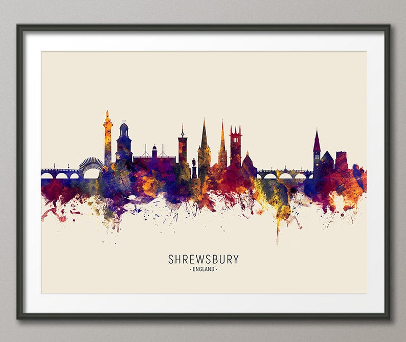 Shrewsbury Skyline England, Cityscape Painting Art Print Poster LS 15061 image 1