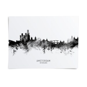 the skyline of Amsterdam, Netherlands, with a black and white color scheme.